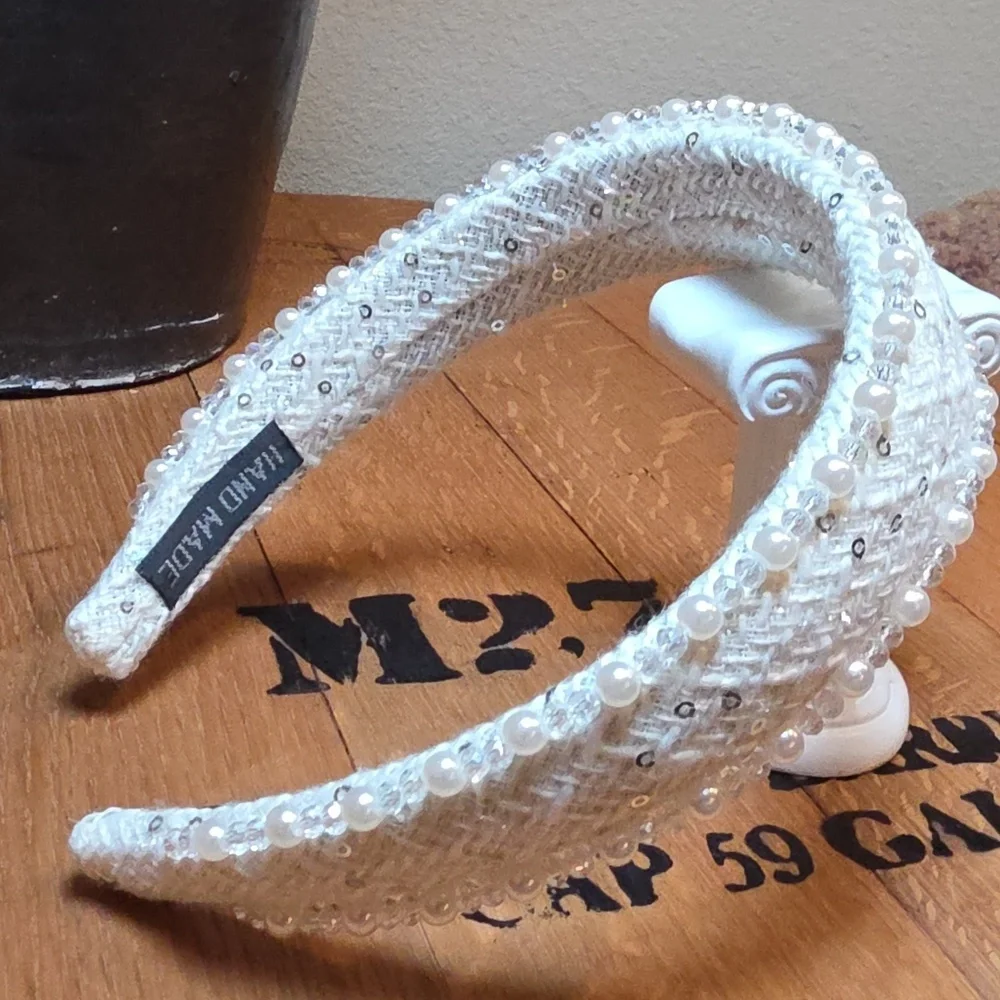 New Handmade White Pearl Beaded Embellished Jeweled Headband Hair Accesories